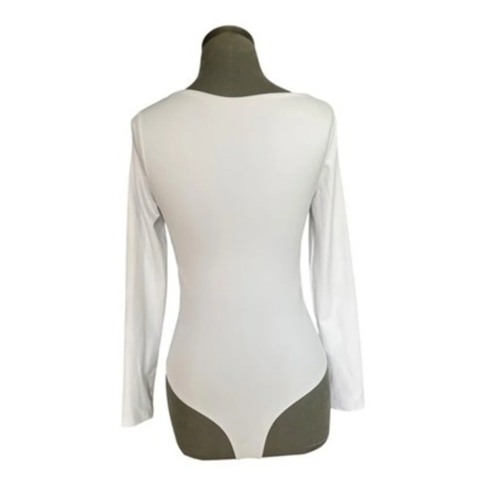 Flevita White Square Neck Long Sleeve Thong Bodysuit Womens Size S VG